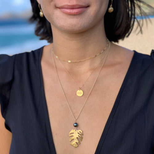 Monstera Necklace with Tahitian Pearl (14k Gold over Sterling Silver) - Debby Sato Designs