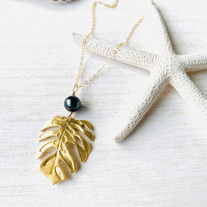 Monstera Necklace with Tahitian Pearl (14k Gold over Sterling Silver) - Debby Sato Designs